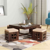 Mobell Solid Sheesham Wood Coffee Table Set With Four Cushioned Stools (Square, Walnut Finish)
